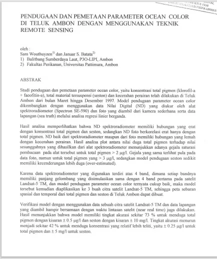 Pendugaan dan Pemetaan Parameter Ocean Color di Teluk Ambon dengan menggunakan teknik Remote sensing